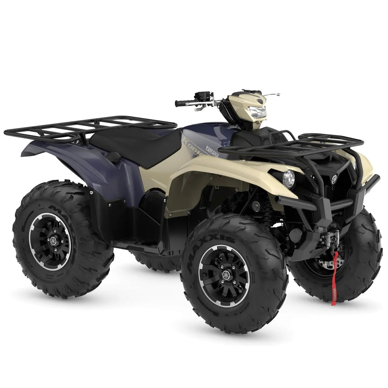 Beige and dark blue yamaha yfz 450 atv with black tires chrome rims and front and rear racks in yamaha kodiak 700 collection