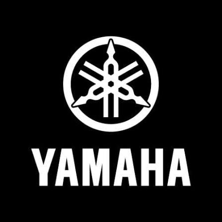 White Yamaha logo with stylized circular emblem and bold lettering on black background in Yamaha collection