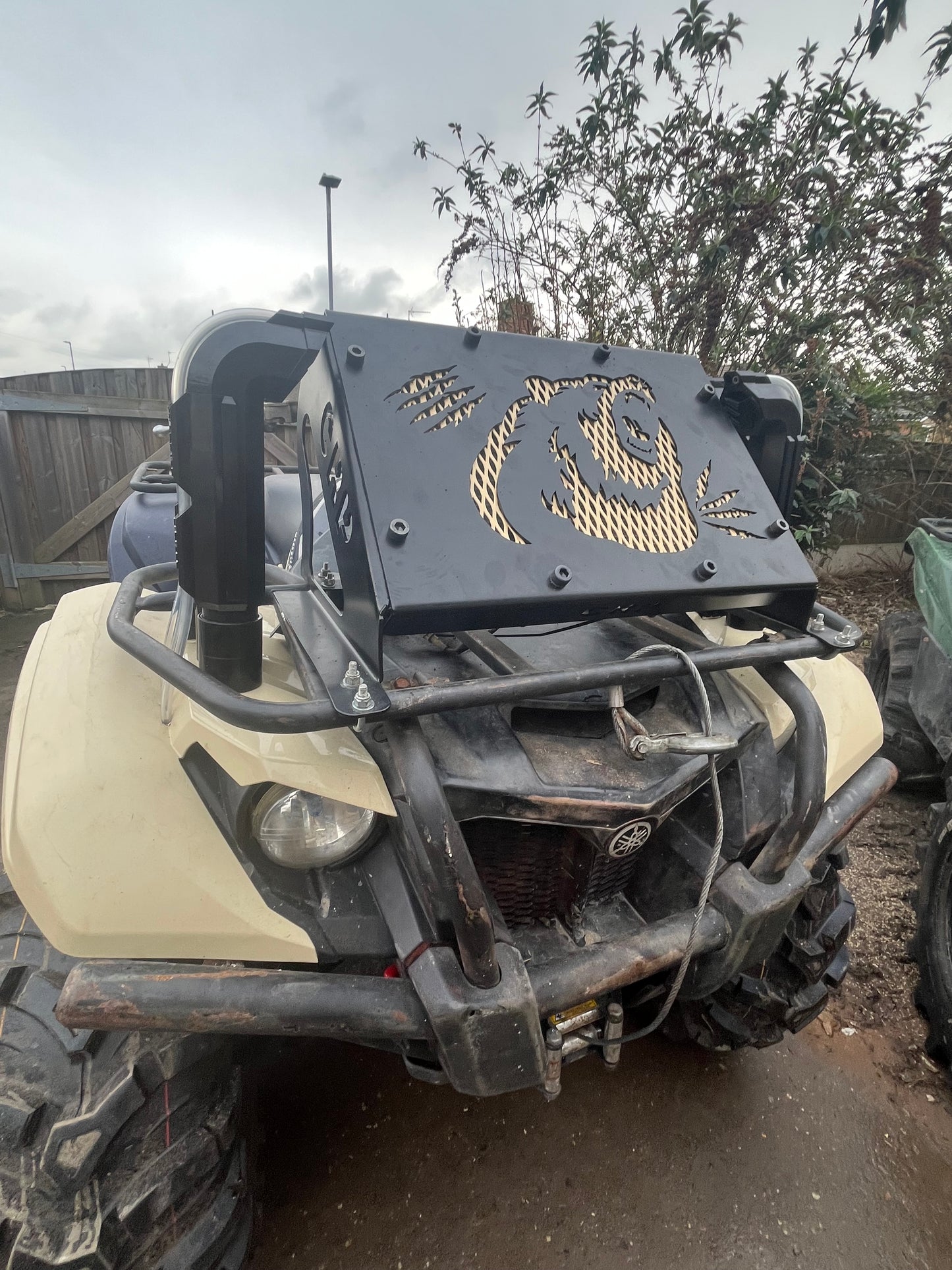 Close-up of a vehicle's front bumper with a logo, surrounded by trees and a cloudy sky.
