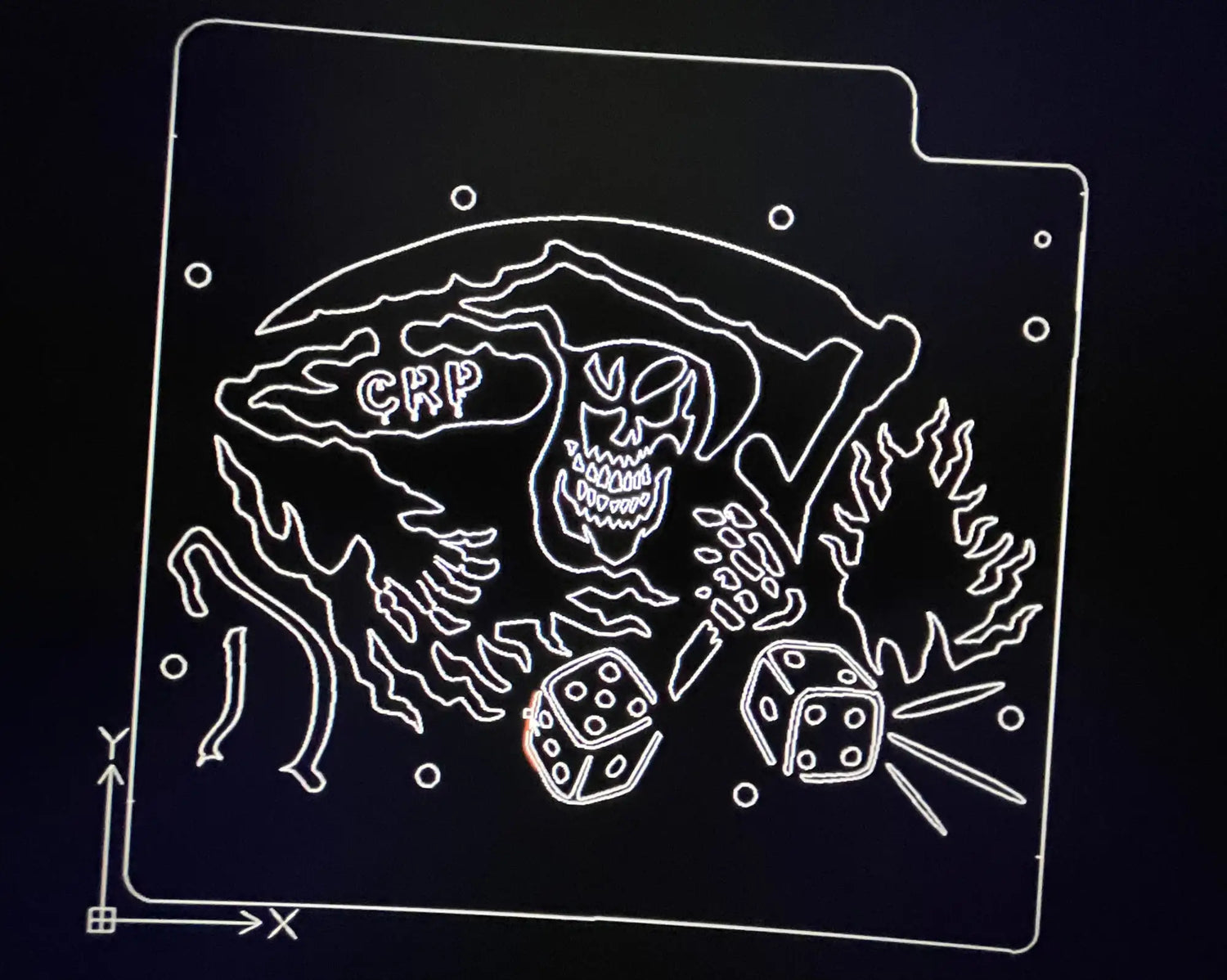 Black acrylic sheet featuring a white line-art design of a grim reaper with dice and flames, marked ’crp’ on its scythe.
