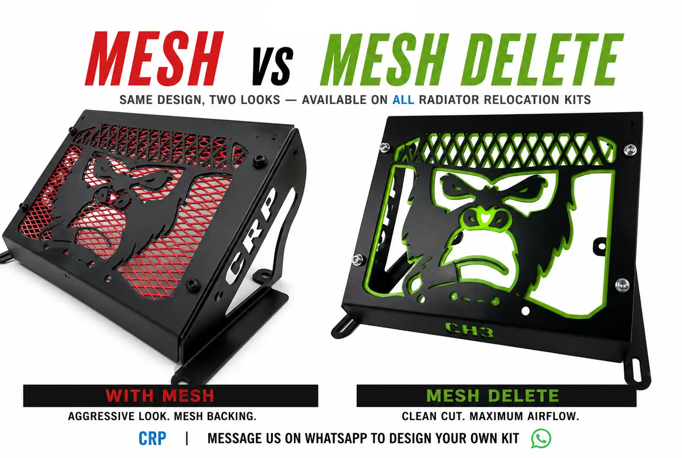 A promotional graphic comparing two black radiator relocation kit light housings labeled 'MESH' and 'MESH DELETE'. The left version has a red mesh grille with a black gorilla face cutout, while the right version has a neon green gorilla face cutout with a black mesh pattern.