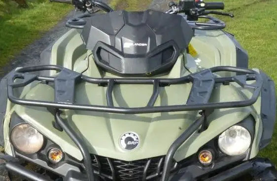 Olive green can am outlander atv with black front rack and handlebars featured with a radiator relocation kit