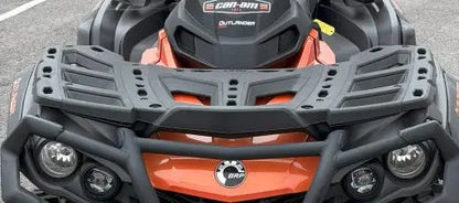 Orange and black can am outlander atv with rugged front bumper and protective grille shown with radiator relocation kit