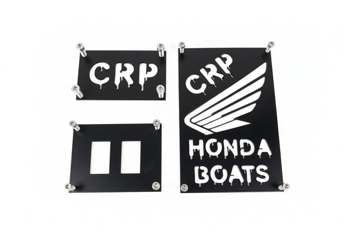 Black metal honda custom 3mm fender safety plates with white crp and honda boats lettering and wing logo