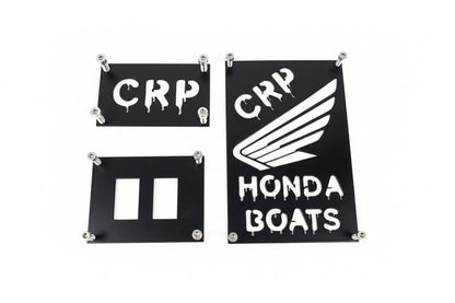 Black metal honda custom 3mm fender safety plates with white crp and honda boats lettering and wing logo