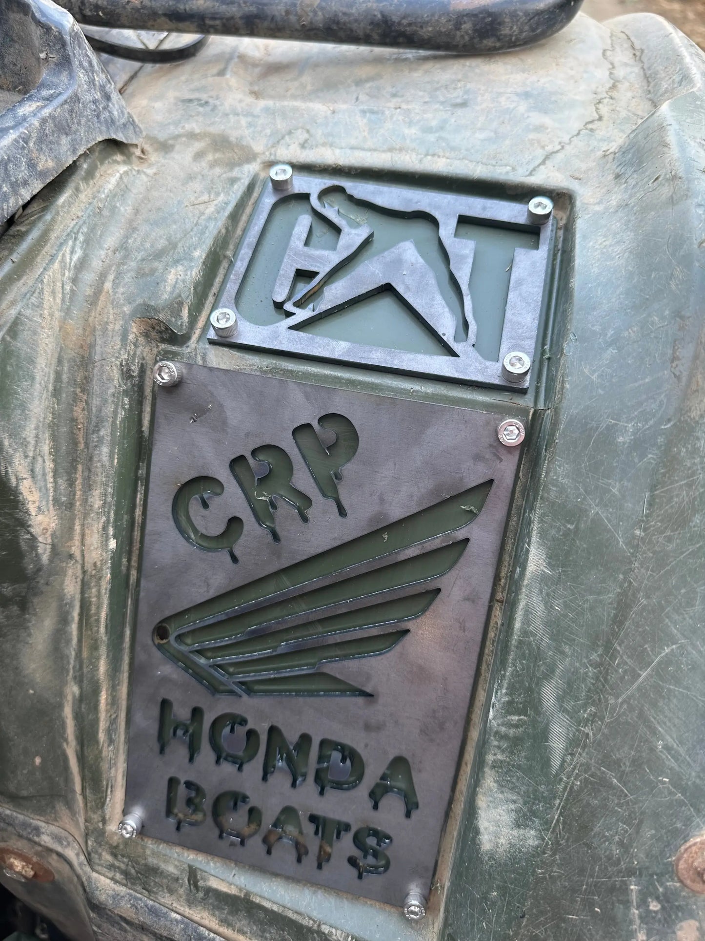 Dark gray metal honda custom 3mm fender safety plate with crp and honda boats engraving and winged logo
