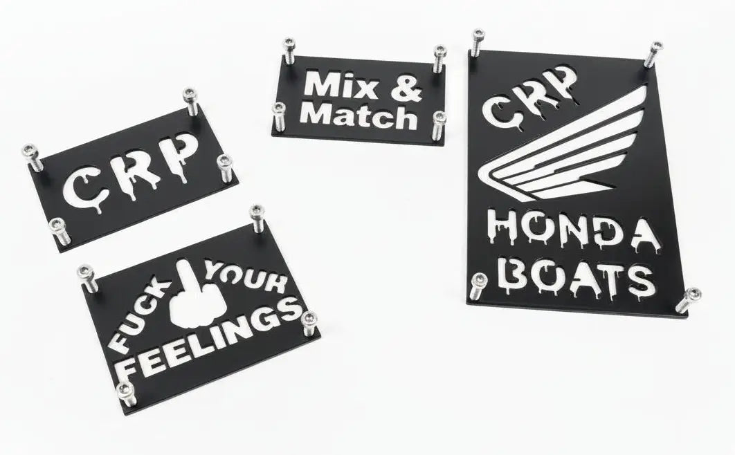 Black rectangular metal honda custom 3mm fender safety plates with white stenciled mix and match crp and wing logo text