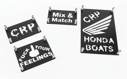 Black rectangular metal honda custom 3mm fender safety plates with white stenciled mix and match crp and wing logo text