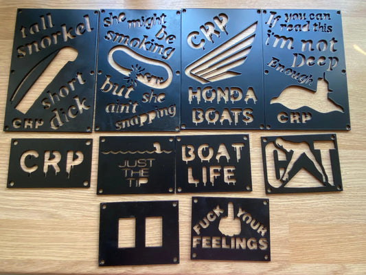 Black metal 3mm honda custom fender safety plates with laser-etched humorous crp and honda boats text