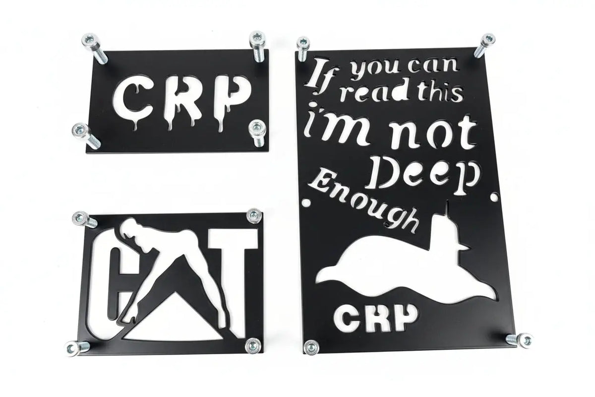 Black metal honda custom 3mm fender safety plates with white cut-out submarine design and warning text plaques