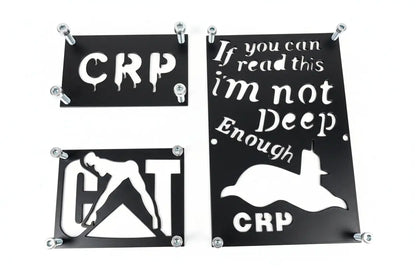 Black metal honda custom 3mm fender safety plates with white cut-out submarine design and warning text plaques