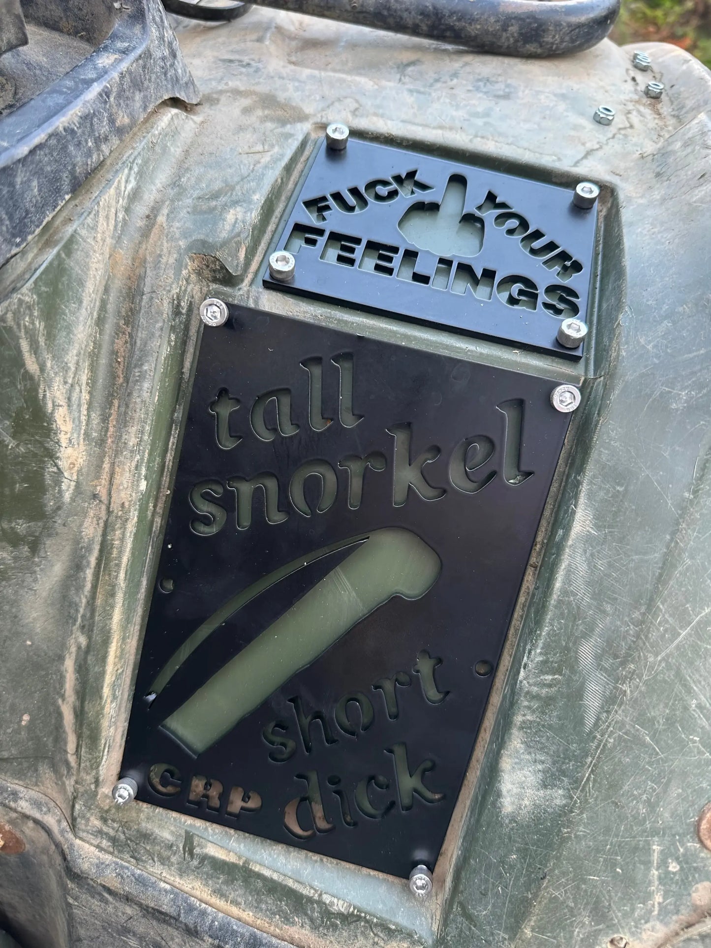 Black metal 3mm honda custom fender safety plate with engraved snorkel silhouette mounted on atv