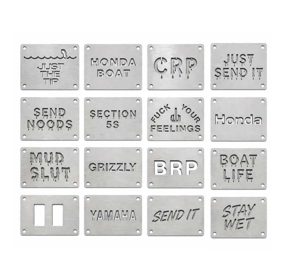Silver rectangular metal honda custom 3mm fender safety plates with engraved text and four mounting holes