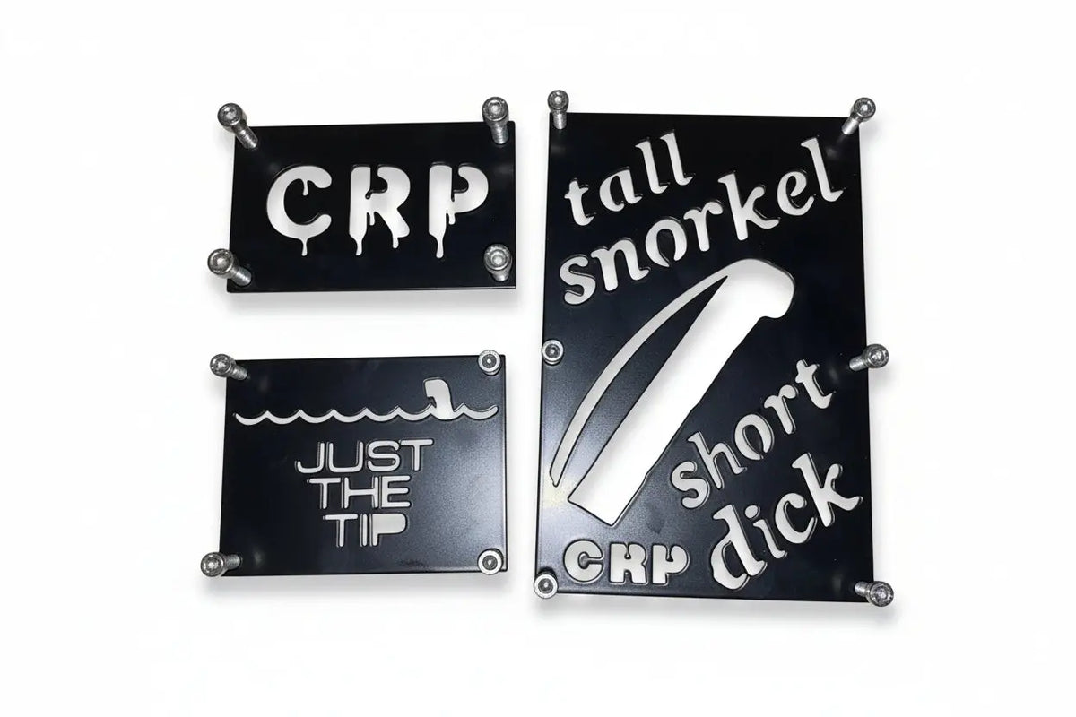 Black metal honda custom 3mm fender safety plates with silver lettering and screw fasteners featuring snorkeling phrases