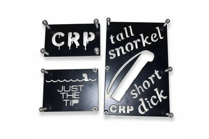 Black metal honda custom 3mm fender safety plates with silver lettering and screw fasteners featuring snorkeling phrases