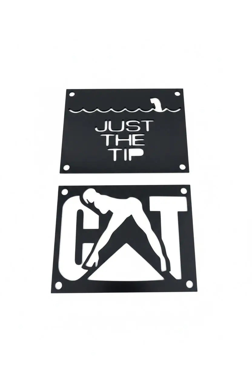 Black metal Honda custom 3mm fender safety plates with white cut-out swimmer and cat logo designs for warning label replacement