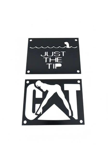 Black metal Honda custom 3mm fender safety plates with white cut-out swimmer and cat logo designs for warning label replacement