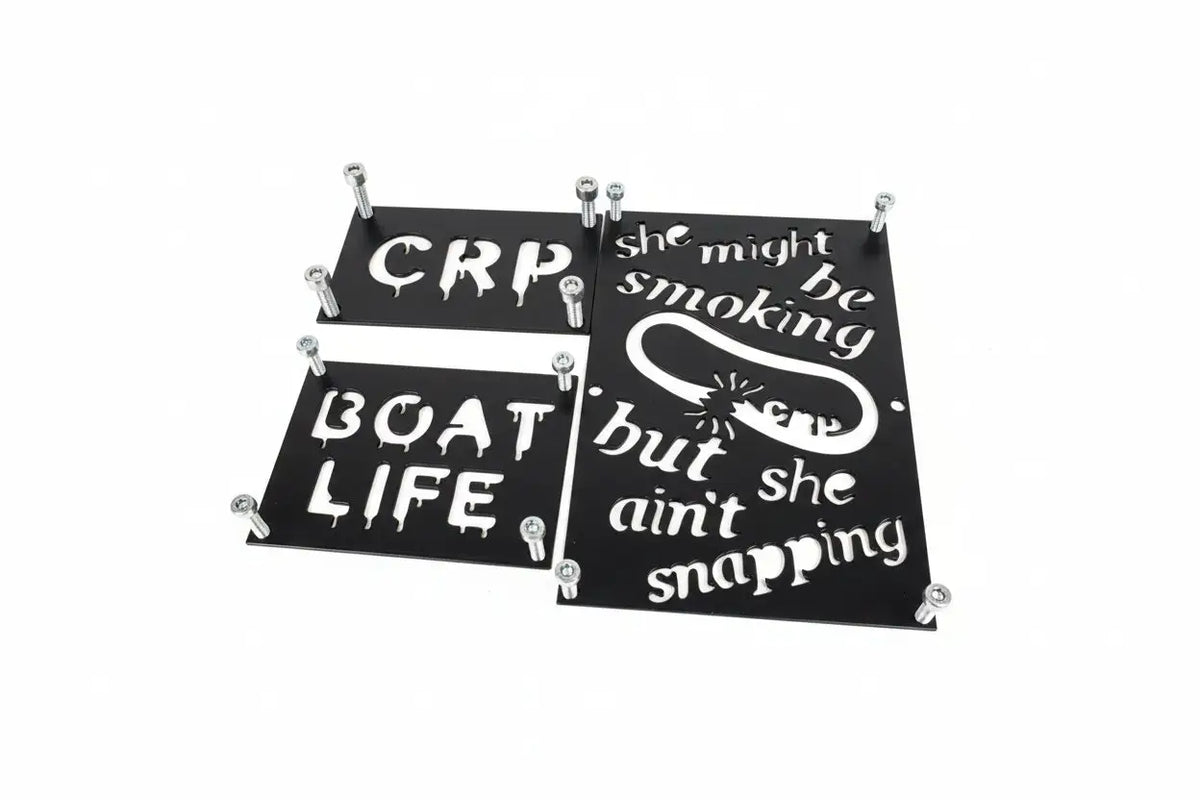 Black metal 3mm honda custom fender safety plate with white stenciled text boat life snake graphic warning label replacement