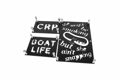 Black metal 3mm honda custom fender safety plate with white stenciled text boat life snake graphic warning label replacement