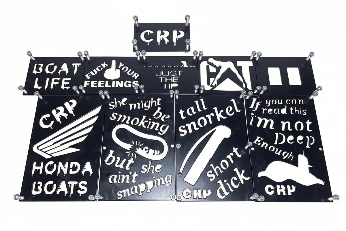 Black metal honda custom 3mm fender safety plates with white stenciled boat life text and silver bolt fasteners
