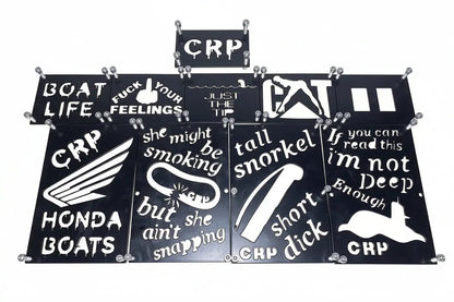 Black metal honda custom 3mm fender safety plates with white stenciled boat life text and silver bolt fasteners