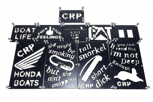 Black metal honda custom 3mm fender safety plates with white stenciled boat life text and silver bolt fasteners