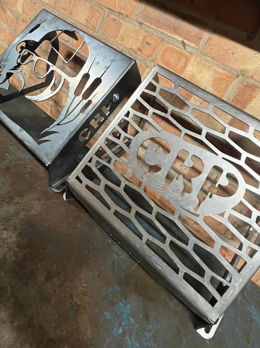 Metallic gray steel grates with man silhouette and cpr lettering for honda foreman 420 500 radiator relocation kit