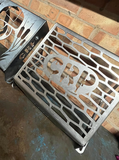 Silver metal grill grate with intricate geometric cutouts and grp logo for honda foreman 420 500 520 radiator kit