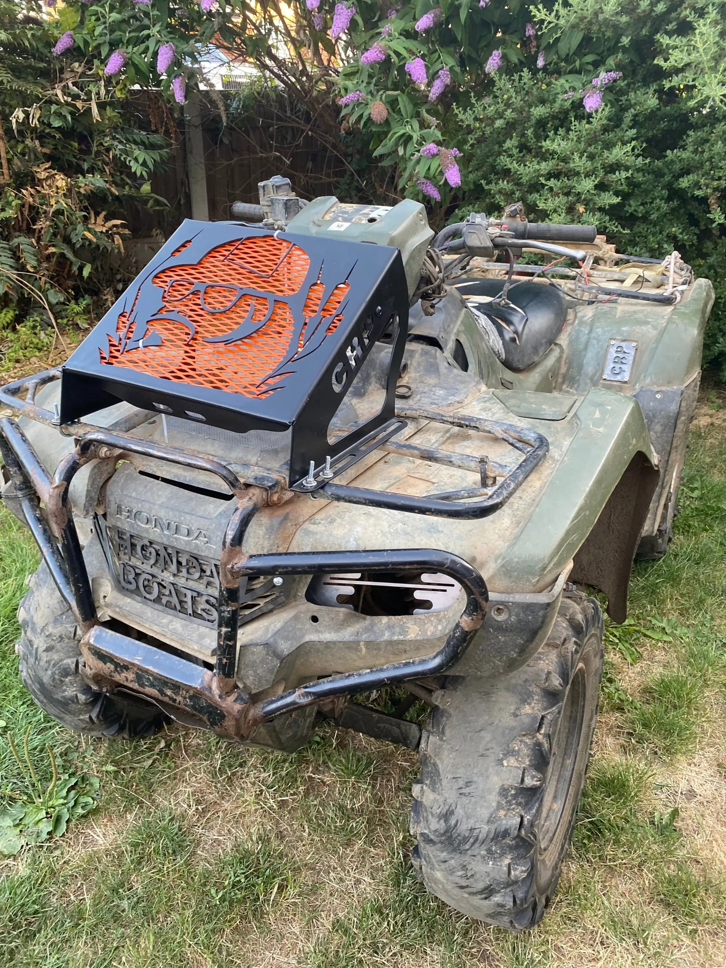 Black metal atv front rack with orange mesh and carved deer head for honda foreman 420 500 520 radiator relocation kit