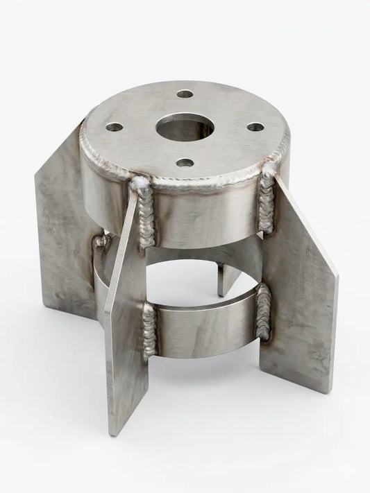 Stainless steel industrial-grade welding fixture with circular top plate and three angular support legs for honda foreman axle paddle