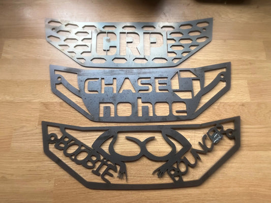 Three black metal cutout grilles with embossed text for honda trx 420 2014+ custom heavy-duty grille cover