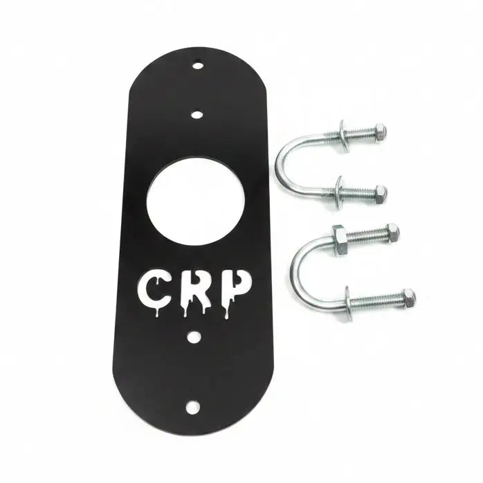 Black metal mounting plate with crp logo and four holes with two u-bolts for honda trx foreman snorkel bracket