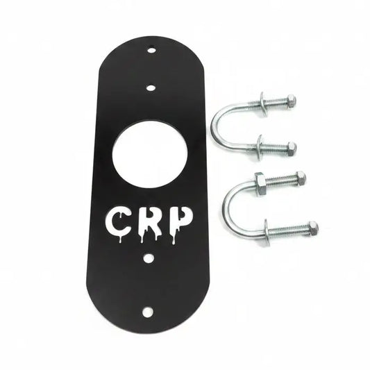 Black metal mounting plate with crp logo and four holes with two u-bolts for honda trx foreman snorkel bracket