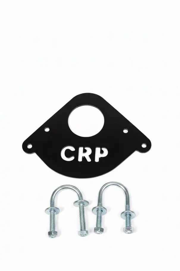 Black triangular metal snorkel bracket with white crp lettering and four holes with two u-bolts for honda trx foreman 420 520