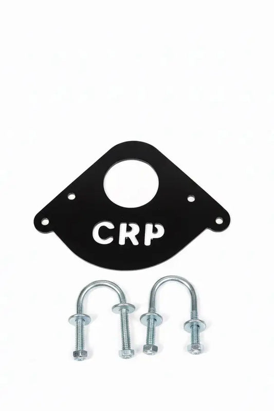 Black triangular metal snorkel bracket with white crp lettering and four holes with two u-bolts for honda trx foreman 420 520