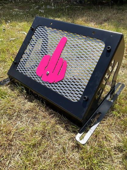 Black metal grill with bright pink hand gesture cutout for kawasaki brute force 750 heavy-duty radiator relocation kit