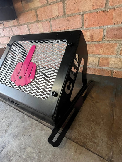 Black metal grill hood with pink finger gesture cutout and grs lettering for Kawasaki Brute Force 750 radiator kit