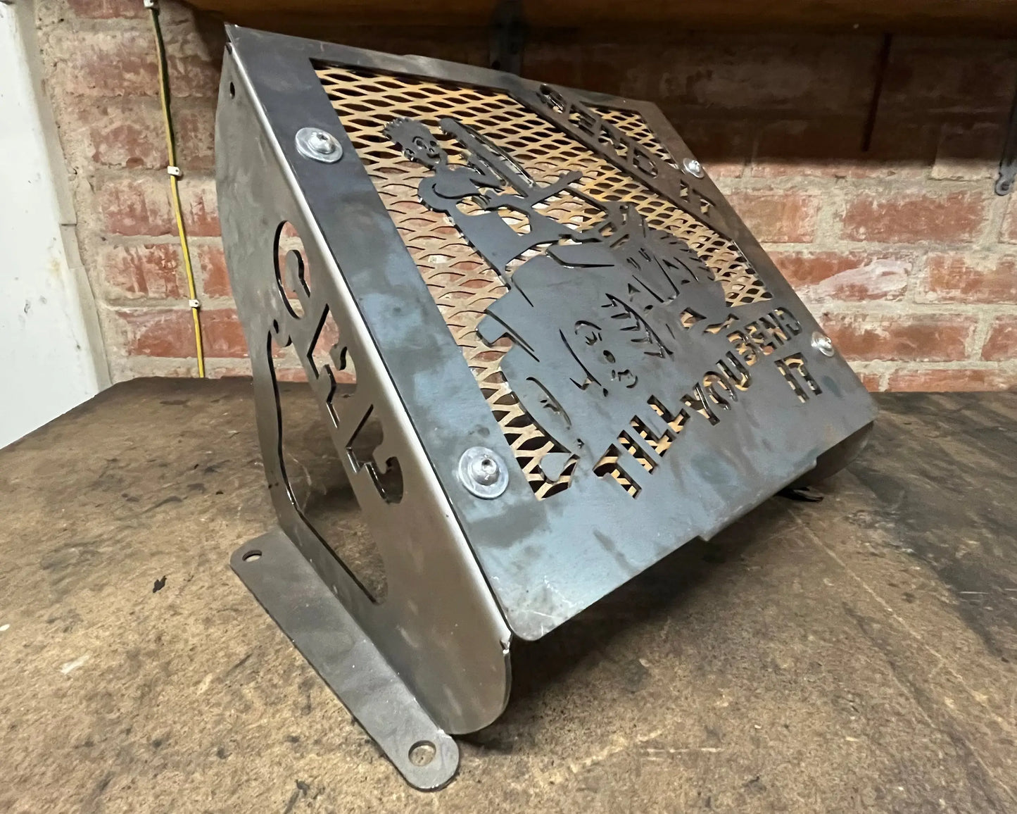 Metallic laser-cut steel shelf bracket with skeleton design and told you so engraving for suzuki kingquad radiator kit