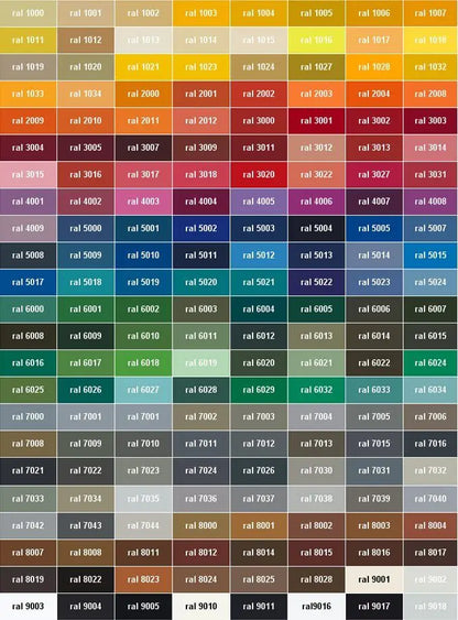 A comprehensive ral color chart showing standardized hues with unique codes for suzuki kingquad radiator kit options