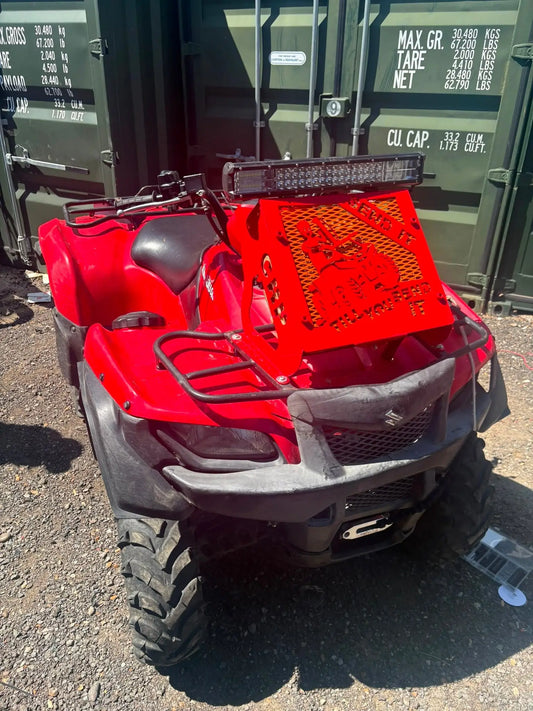 Red suzuki kingquad 500 700 750 quad bike with black seat rugged tires and orange mesh panel for heavy-duty radiator kit