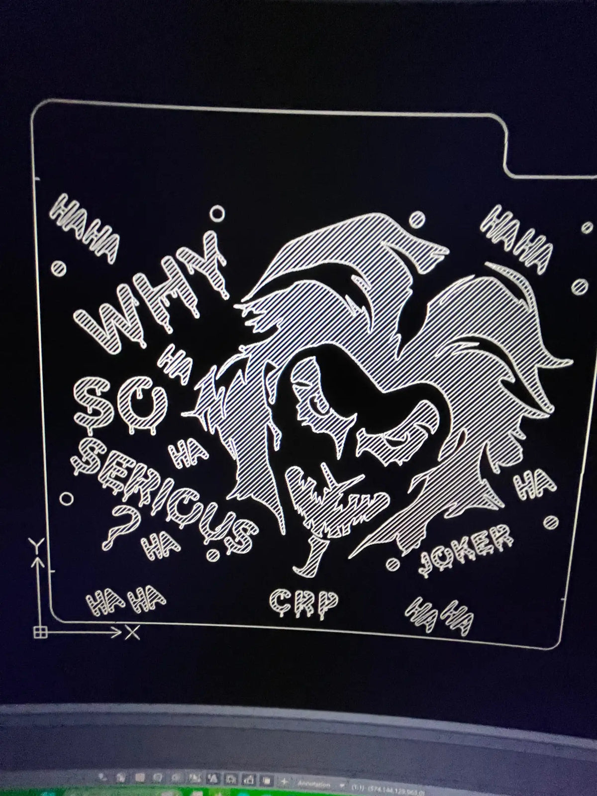 White line-art illustration of the joker on a dark background, featuring stylized text and design elements.