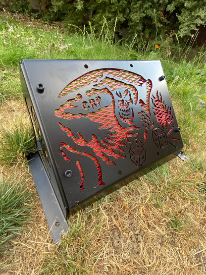 Black metal grill with red laser-cut skeleton and dice design for yamaha grizzly 550 700 heavy-duty radiator kit