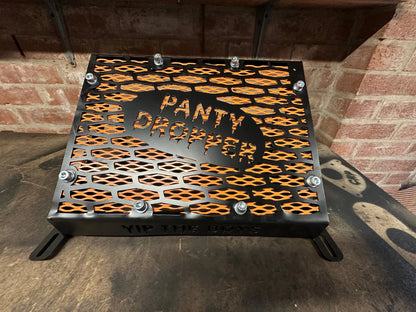 Yamaha Grizzly 550 700 radiator relocation kit black metal grate with orange hexagonal cutouts and panty dropper engraving