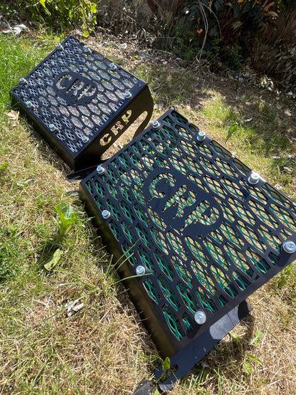 Black metal honeycomb grates with crp logo and silver bolts for yamaha grizzly 550 700 radiator relocation kit