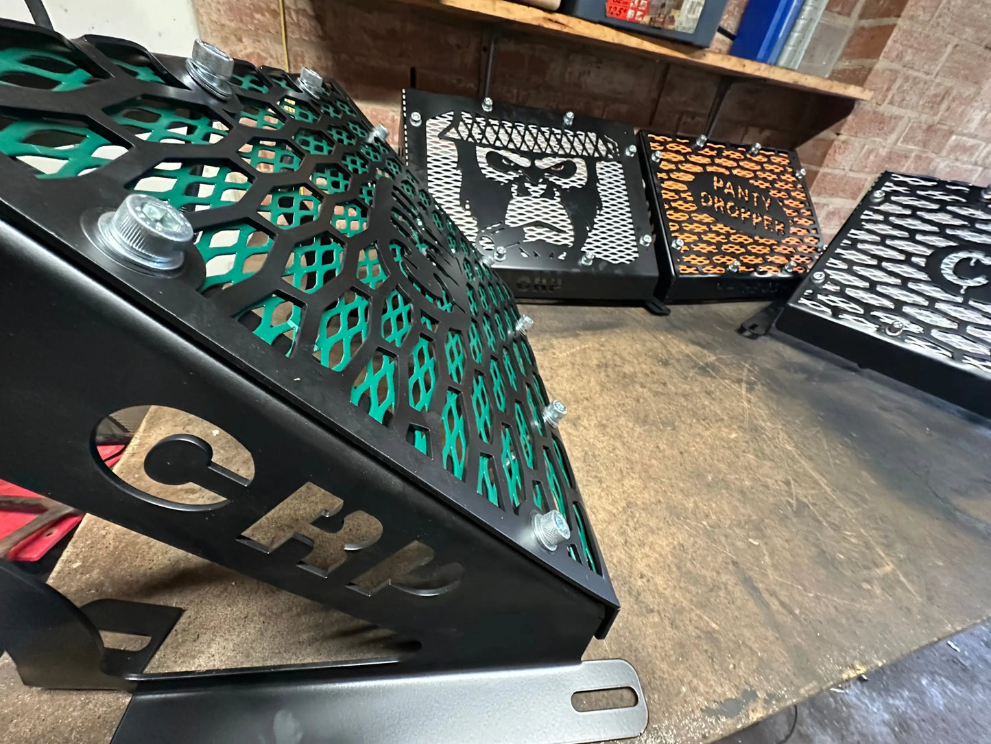 Black metal motorcycle engine cover with green honeycomb mesh and silver bolts for Yamaha Grizzly radiator kit