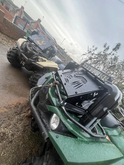 Green and black yamaha grizzly 550 700 off-road vehicle with rugged design and reinforced bumper featuring radiator relocation kit