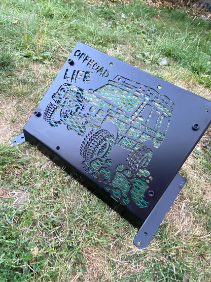 Black metal plaque with laser-cut off-road vehicle and offroad life engraving for Yamaha Grizzly radiator kit