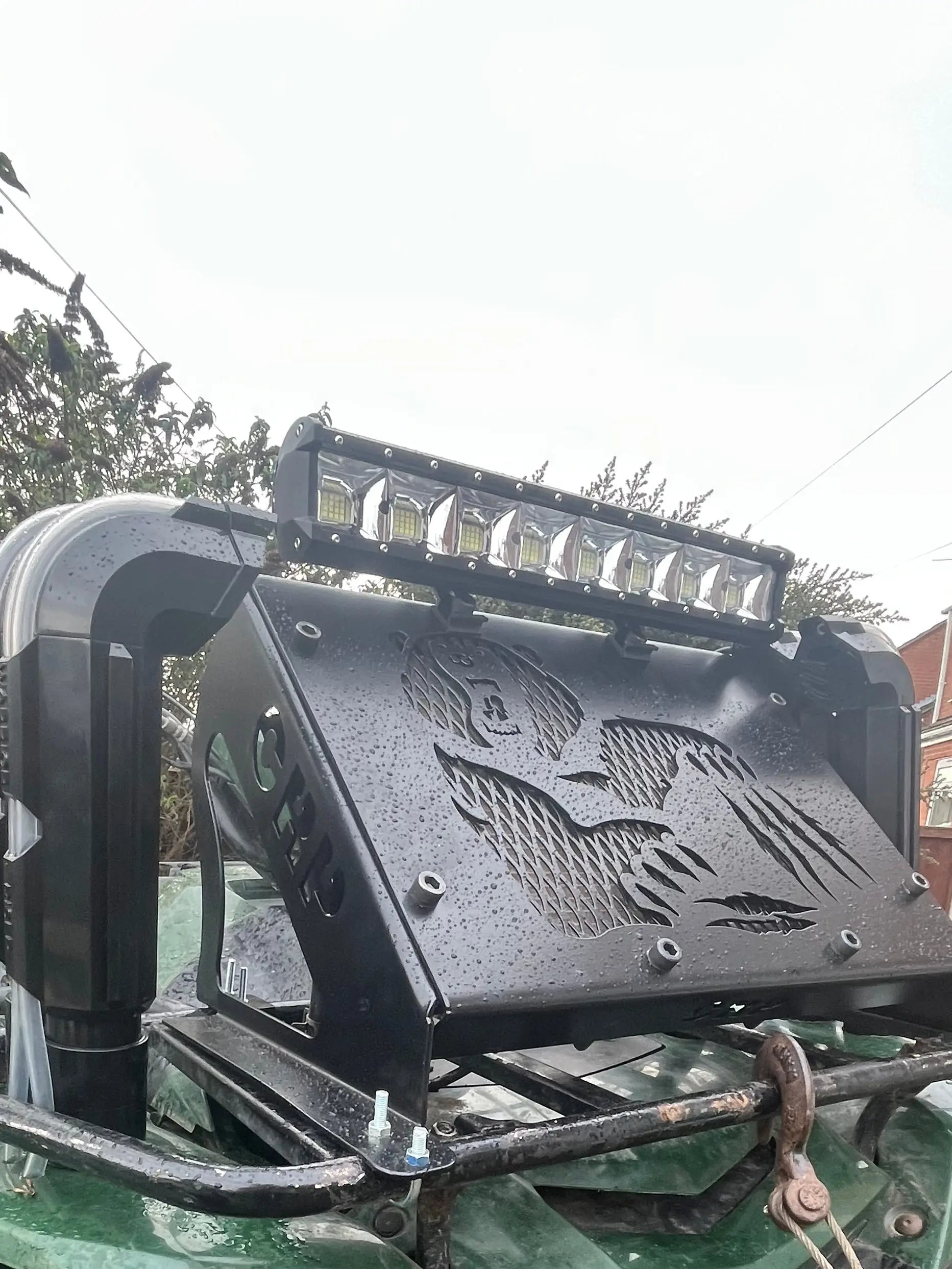 Black metal roof rack with engraved eagle and led light bar for Yamaha Grizzly Kodiak 700 radiator relocation kit