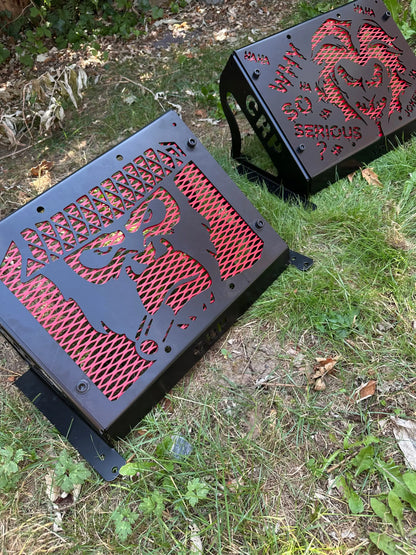 Black metal side panels with red mesh and laser-cut dragon designs for yamaha grizzly kodiak 700 radiator kit