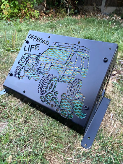 Black metal decorative panel with offroad life cut-out for yamaha grizzly kodiak 700 radiator relocation kit